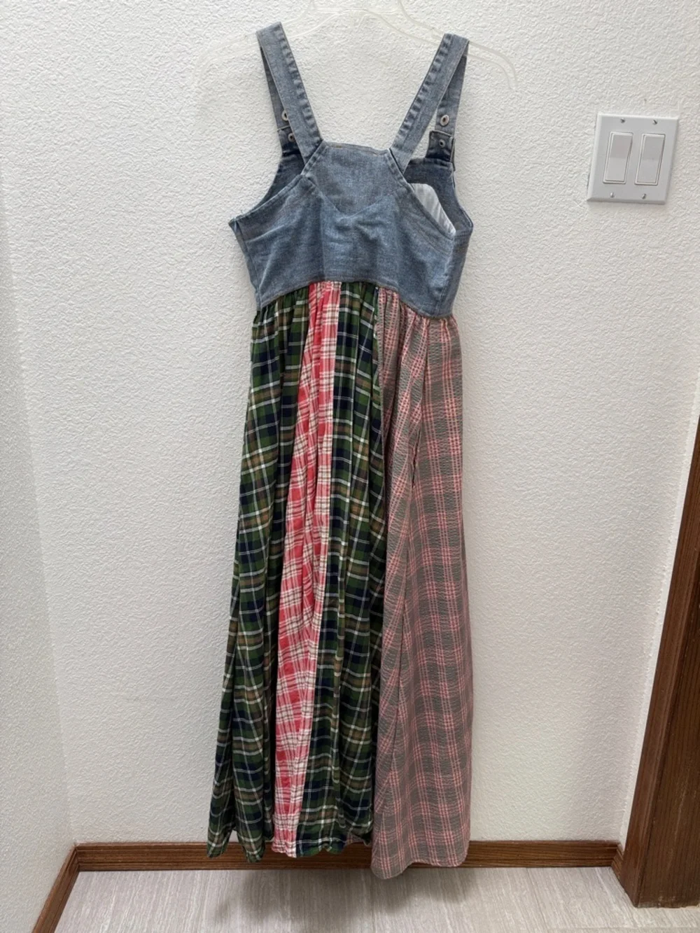 Ces Femme Denim Bodice Patchwork Plaid Maxi Dress - Green & Pink size Small - Picture 4 of 11